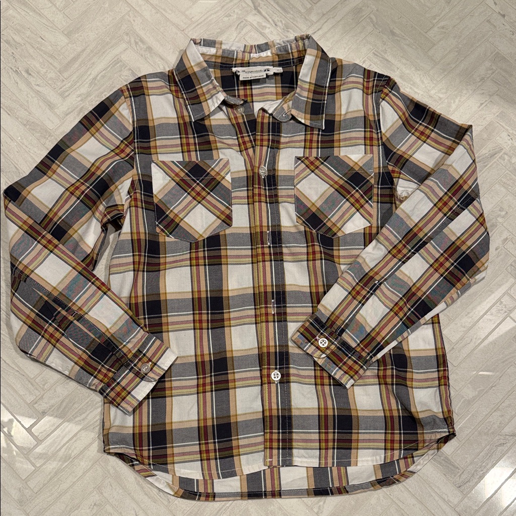 Bonpoint Plaid Button-Up Shirt In White, Black & Tan, Size 8
